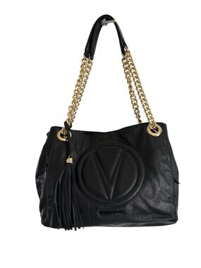 Valentino Black Leather Shoulder Bag with Gold Chain Straps